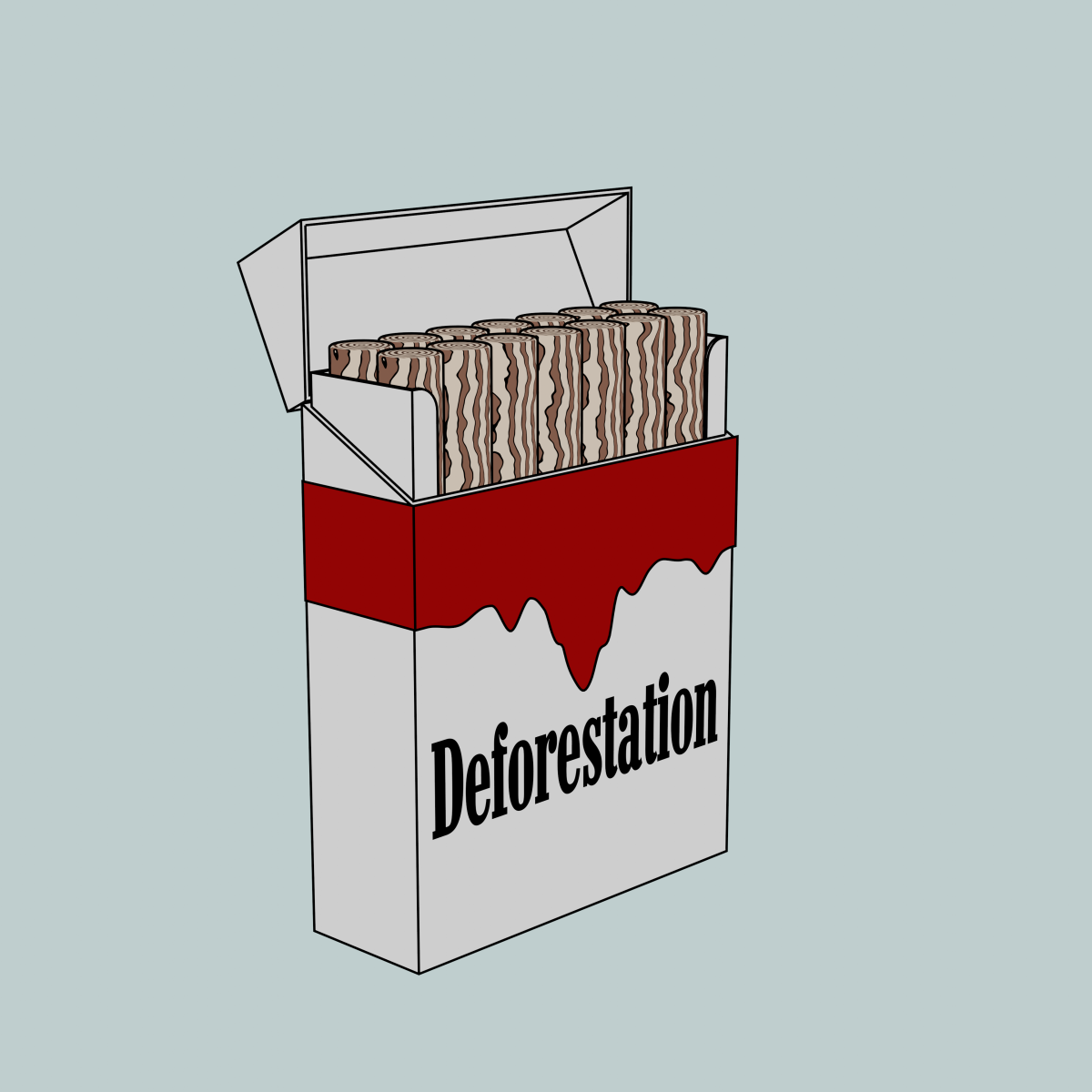 kuva tupakka-askista, jossa lukee deforestation.